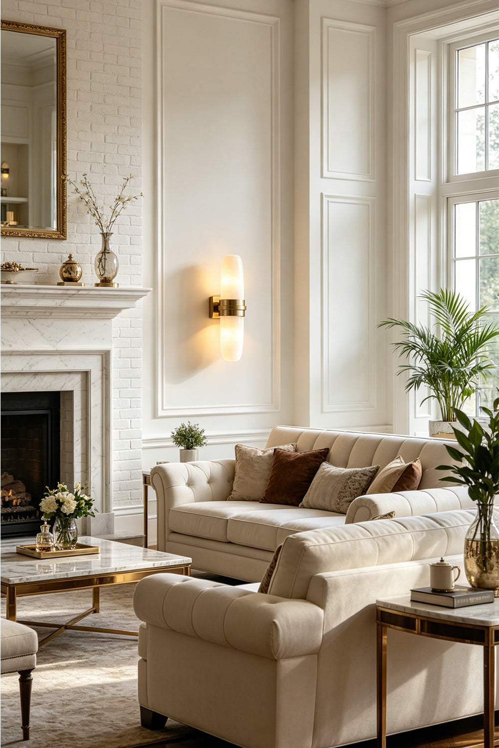 Theron Linear Alabaster Wall Lamp | Alabaster, Metal | Positioned as luxury accent lighting in a spacious classical living room above a cream sofa and next to a fireplace | Samu Lamp