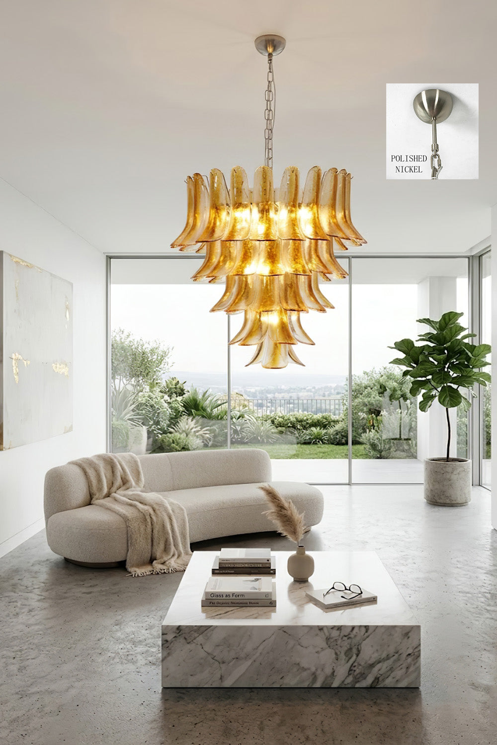 Luxurious amber glass chandelier in living area | Metal, Glass | View over a marble coffee table and curved sofa | Samu Lamp