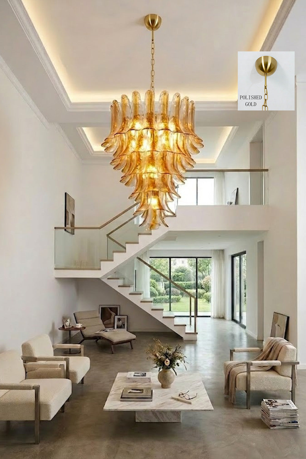 Amber lily glass chandelier in two-story hallway | Metal, Glass | Grand interior view showing the stairs and seating | Samu Lamp