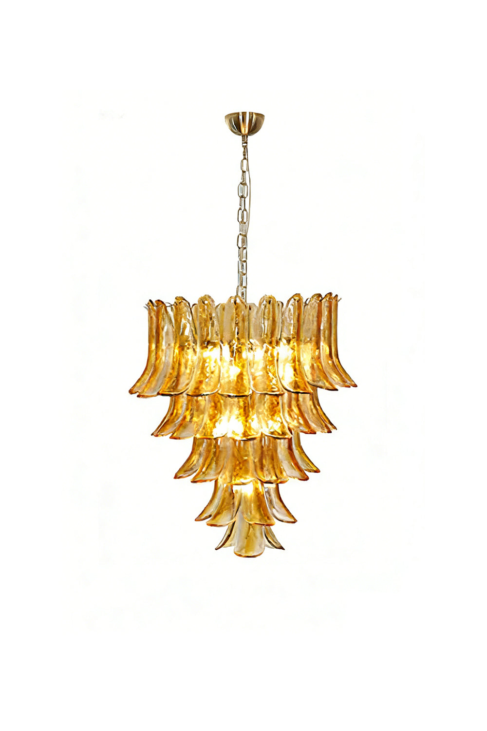 Lit tiered amber lily chandelier with brass chain | Metal, Glass | Full front product shot isolated on white background | Samu Lamp
