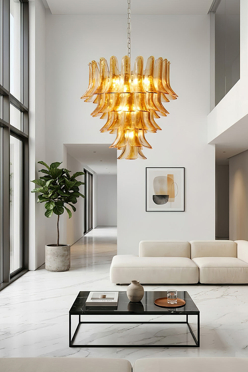 Statement amber lily chandelier in a high-ceiling home | Metal, Glass | Wide shot of a contemporary open-plan interior | Samu Lamp