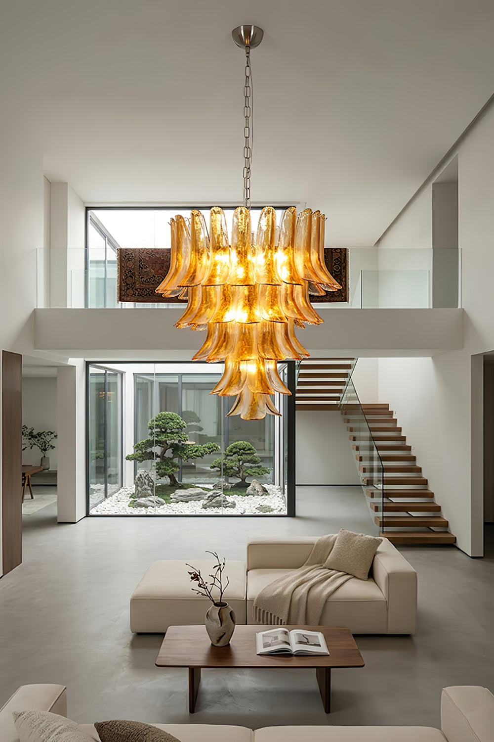 Amber lily chandelier view from stairs | Metal, Glass | Perspective view of a bright living area with stairs | Samu Lamp