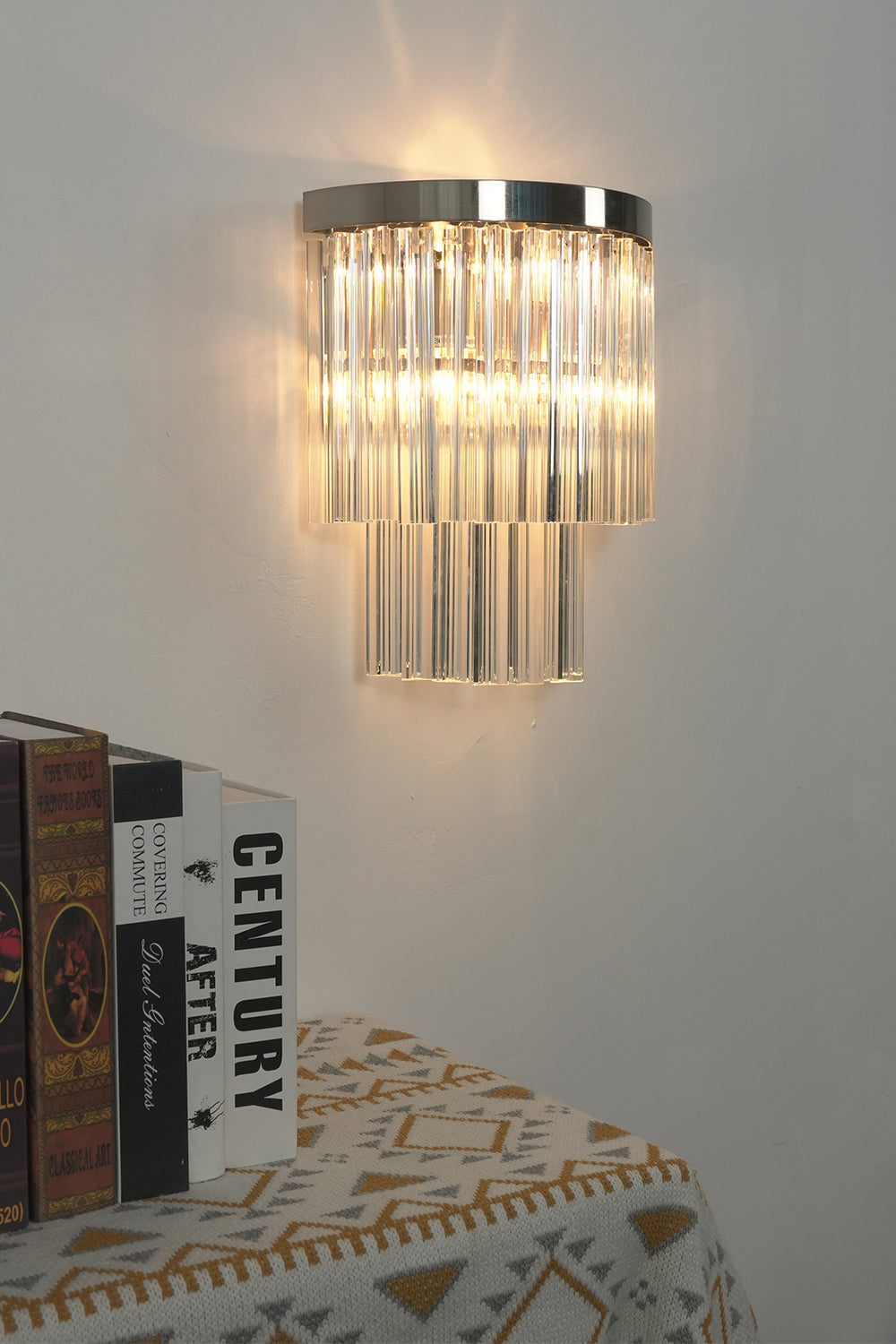 Lit tiered column glass wall light | Metal, Glass | Angled lit product shot | Samu Lighting