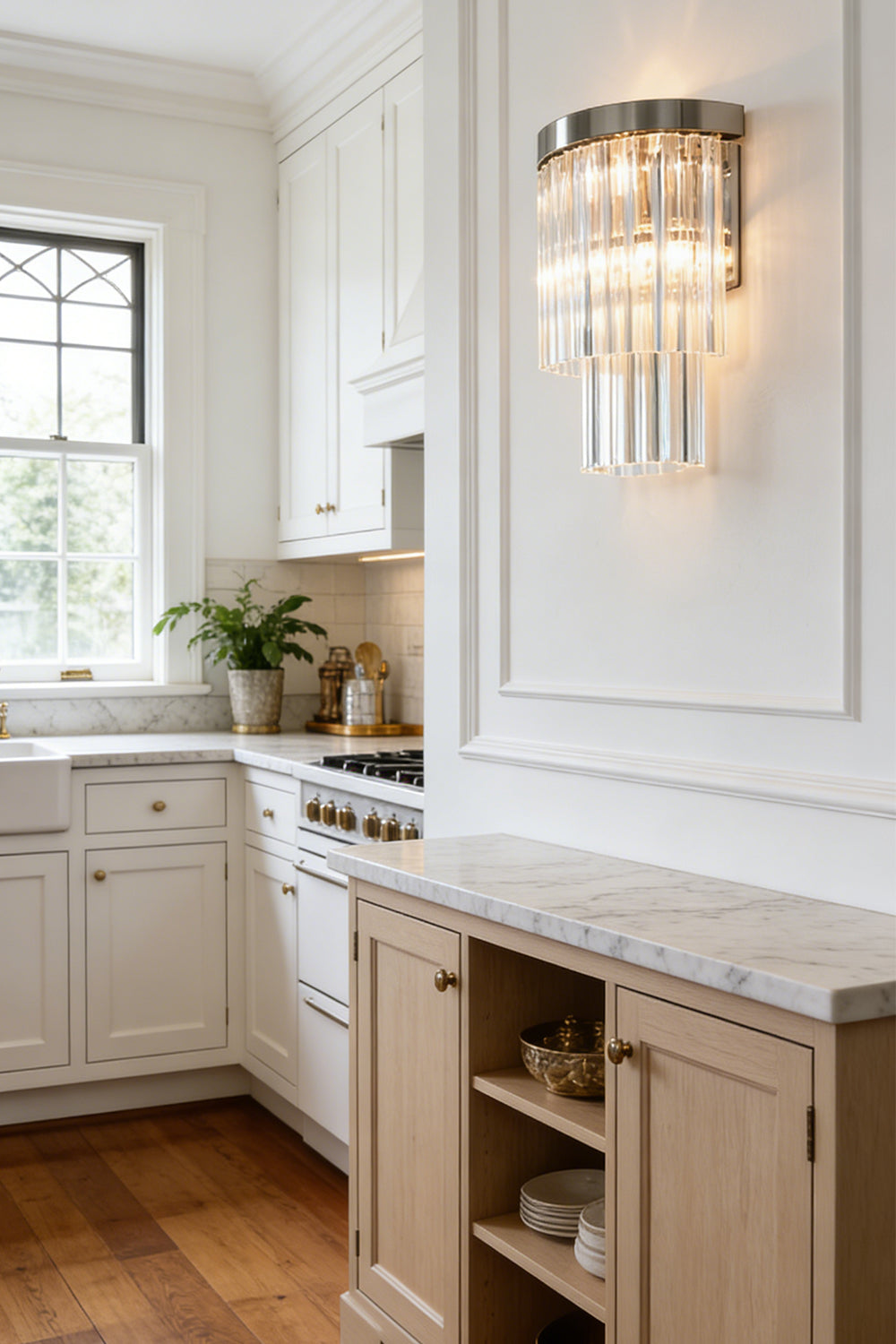Lit tiered column glass wall light | Metal, Glass | Dining room scene above white wainscoting near a table | Samu Lighting