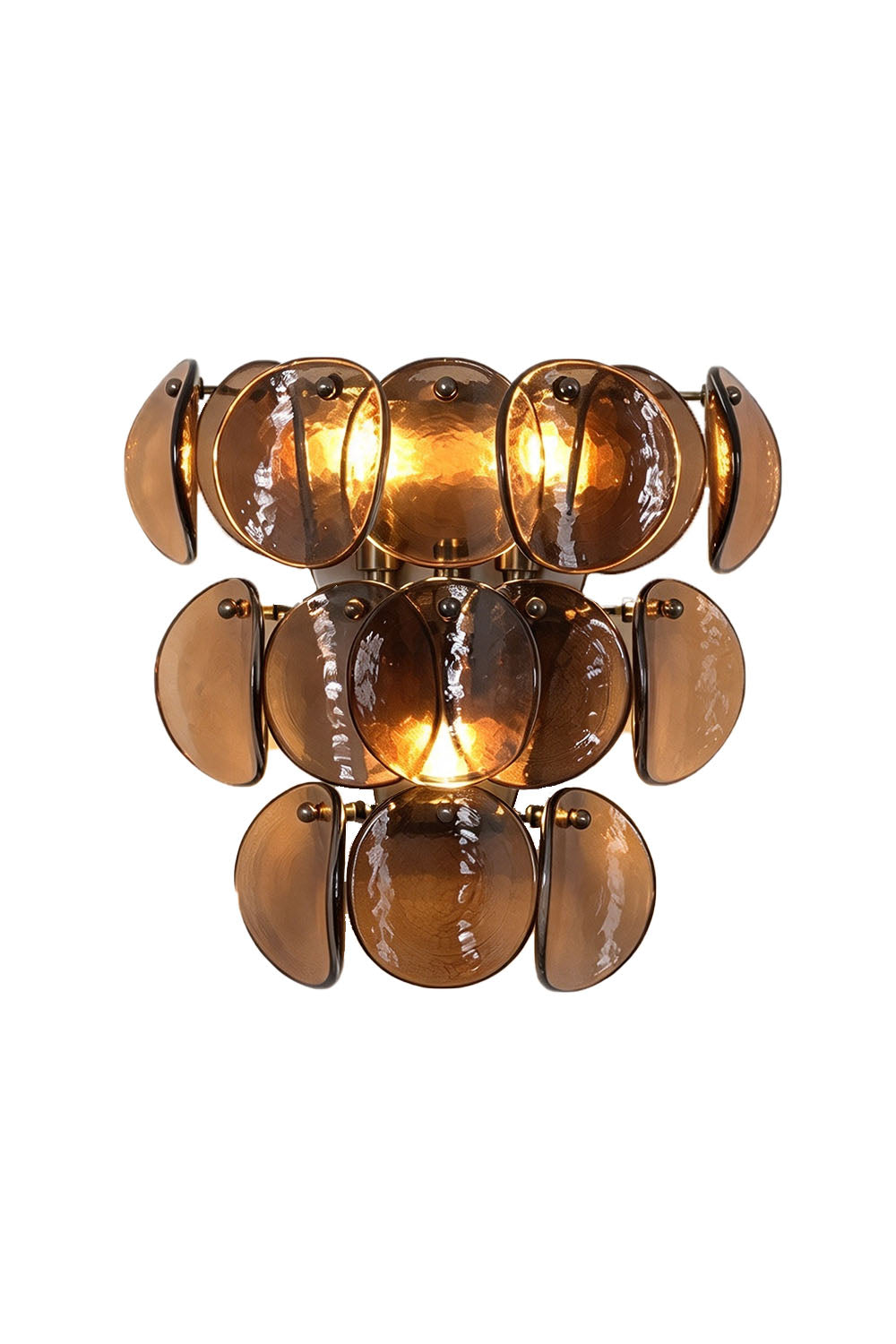 Tisanne Tiered Glass Disc Wall Lamp | Smoked Glass and Metal | Front full view on a pure white background, illuminated | Samu Lamp