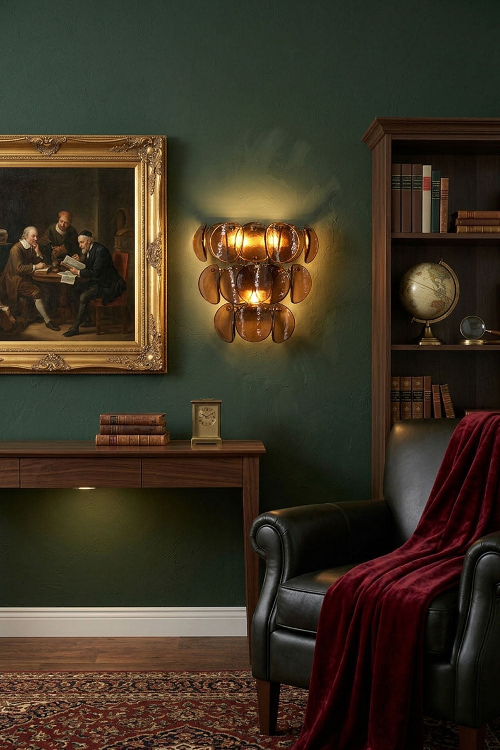 Tisanne Tiered Glass Disc Wall Lamp | Smoked Glass and Metal | Mounted on a dark green wall beside an oil painting in a classic room | Samu Lamp