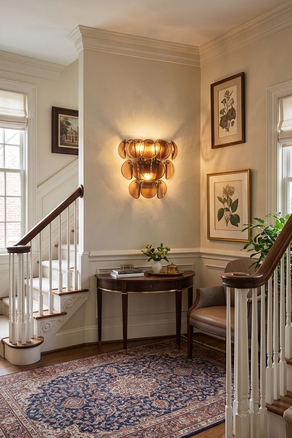 Tisanne Tiered Glass Disc Wall Lamp | Smoked Glass and Metal | Illuminating an entryway staircase corridor with console table and runner rug | Samu Lamp
