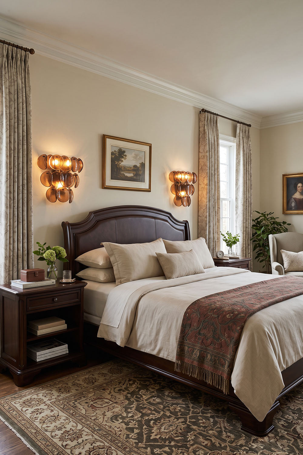 Tisanne Tiered Glass Disc Wall Lamp | Smoked Glass and Metal | Pair of sconces mounted beside a wooden bed in an elegant bedroom | Samu Lamp