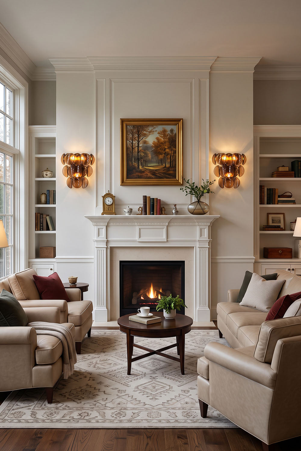 Tisanne Tiered Glass Disc Wall Lamp | Smoked Glass and Metal | Flanking a white fireplace in a classic living room with sofas and coffee table | Samu Lamp