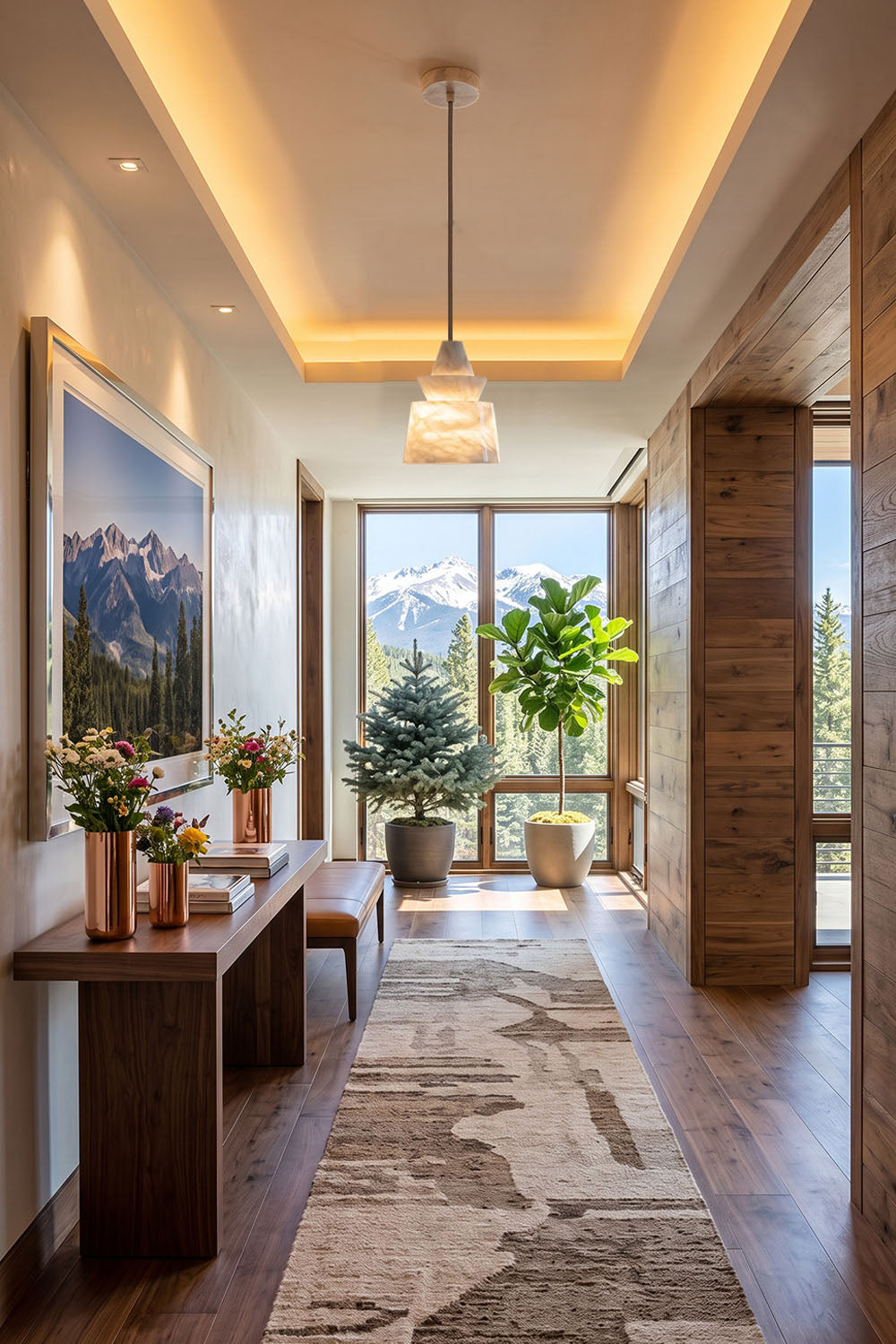 Tobiah Tiered Alabaster Pendant Light | Natural Alabaster and Metal | Styled in an entry hallway corridor with cove ceiling lighting and runner rug | Samu Lamp