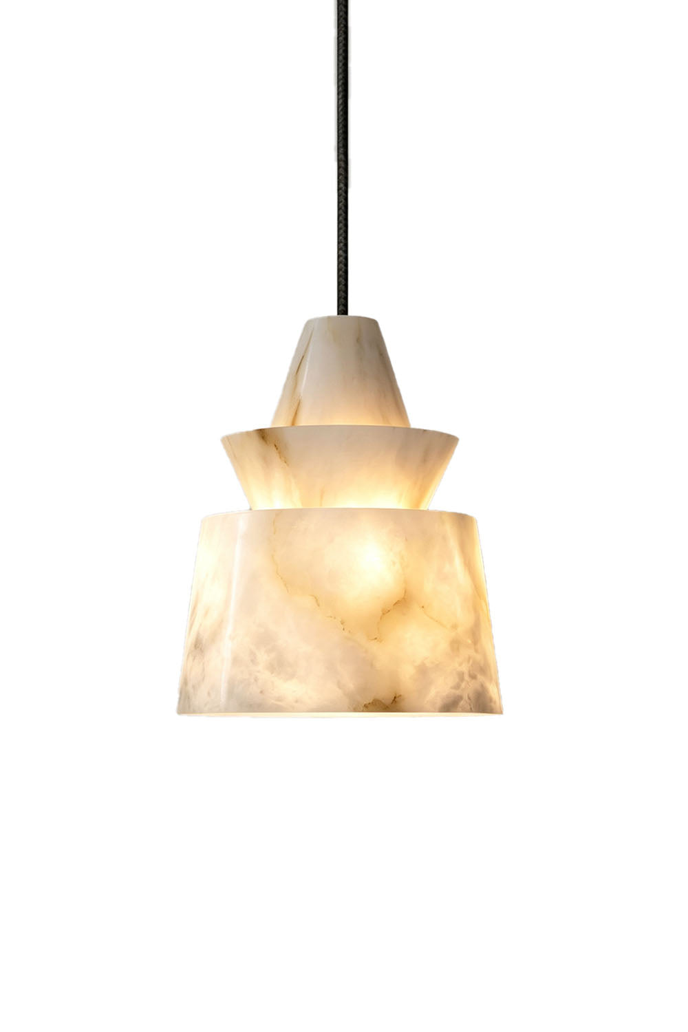 Tobiah Tiered Alabaster Pendant Light | Natural Alabaster and Metal | Front full view on a pure white background, illuminated | Samu Lamp