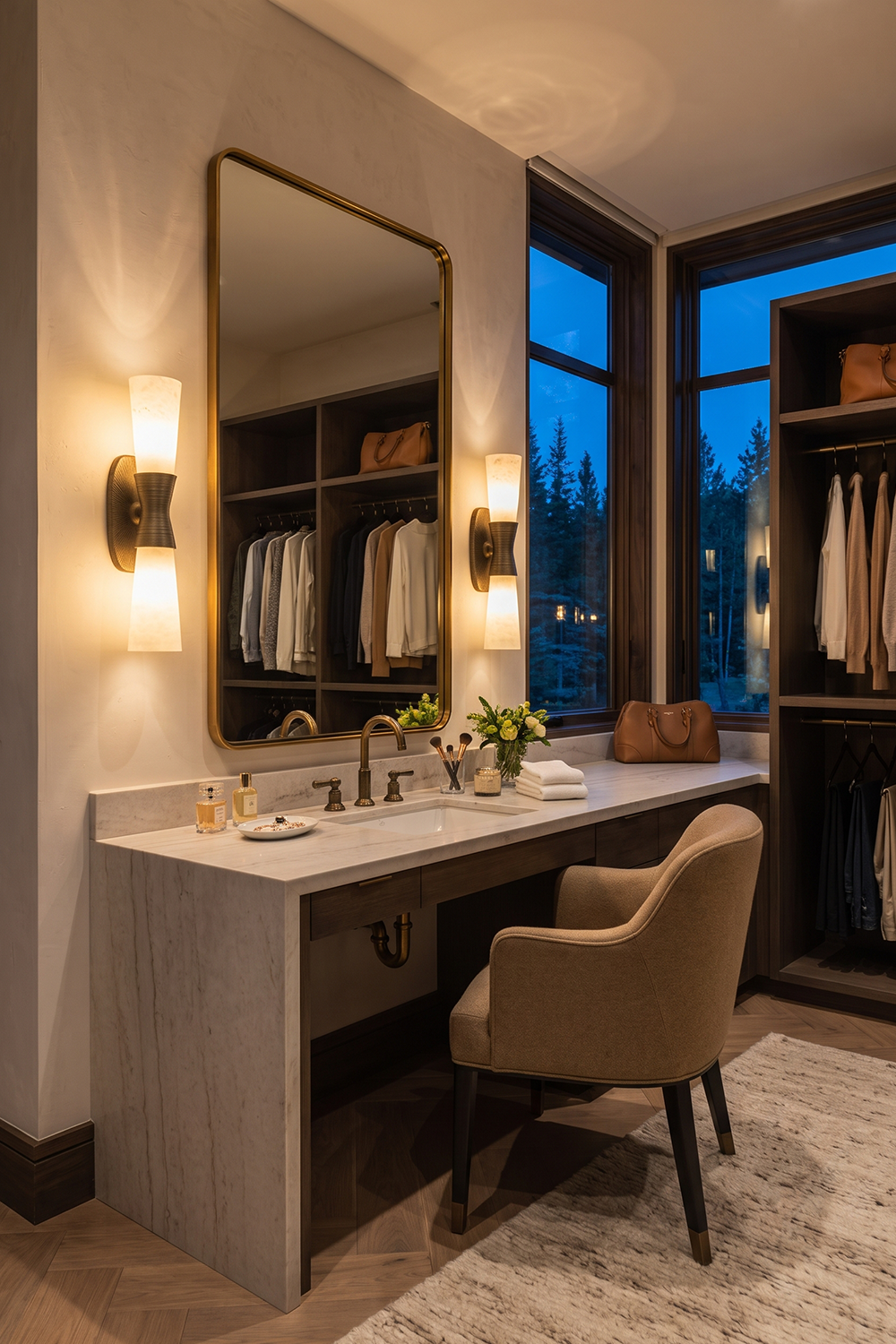 Torsanne Wall Sconce | Alabaster and Bronze | Flanking mirror above stone vanity in modern bathroom | Samu Lamp