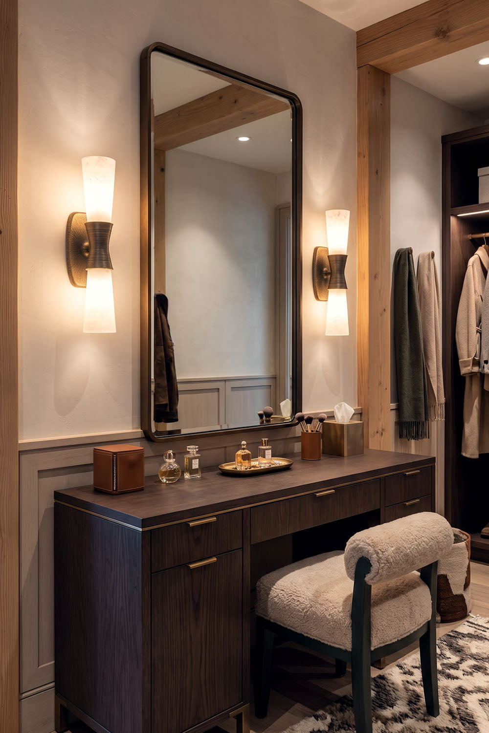 Torsanne Wall Sconce | Alabaster and Bronze | Flanking a tall mirror above vanity table in dressing room | Samu Lamp