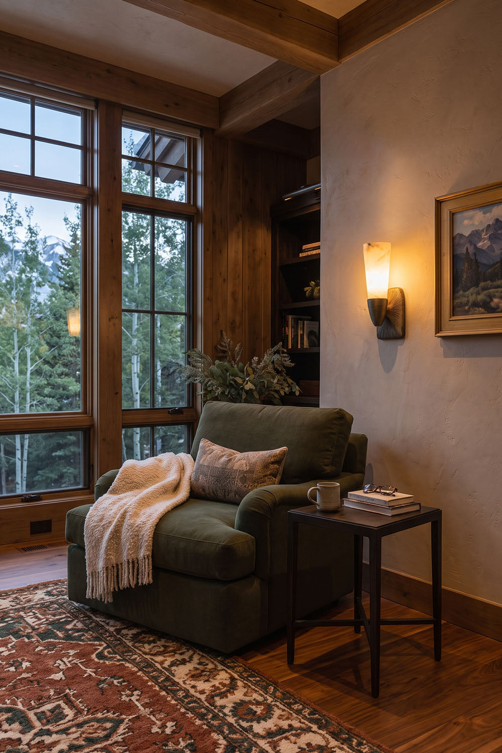 Torsanne Wall Sconce | Alabaster and Bronze | Lit beside green armchair in scenic mountain reading nook | Samu Lamp