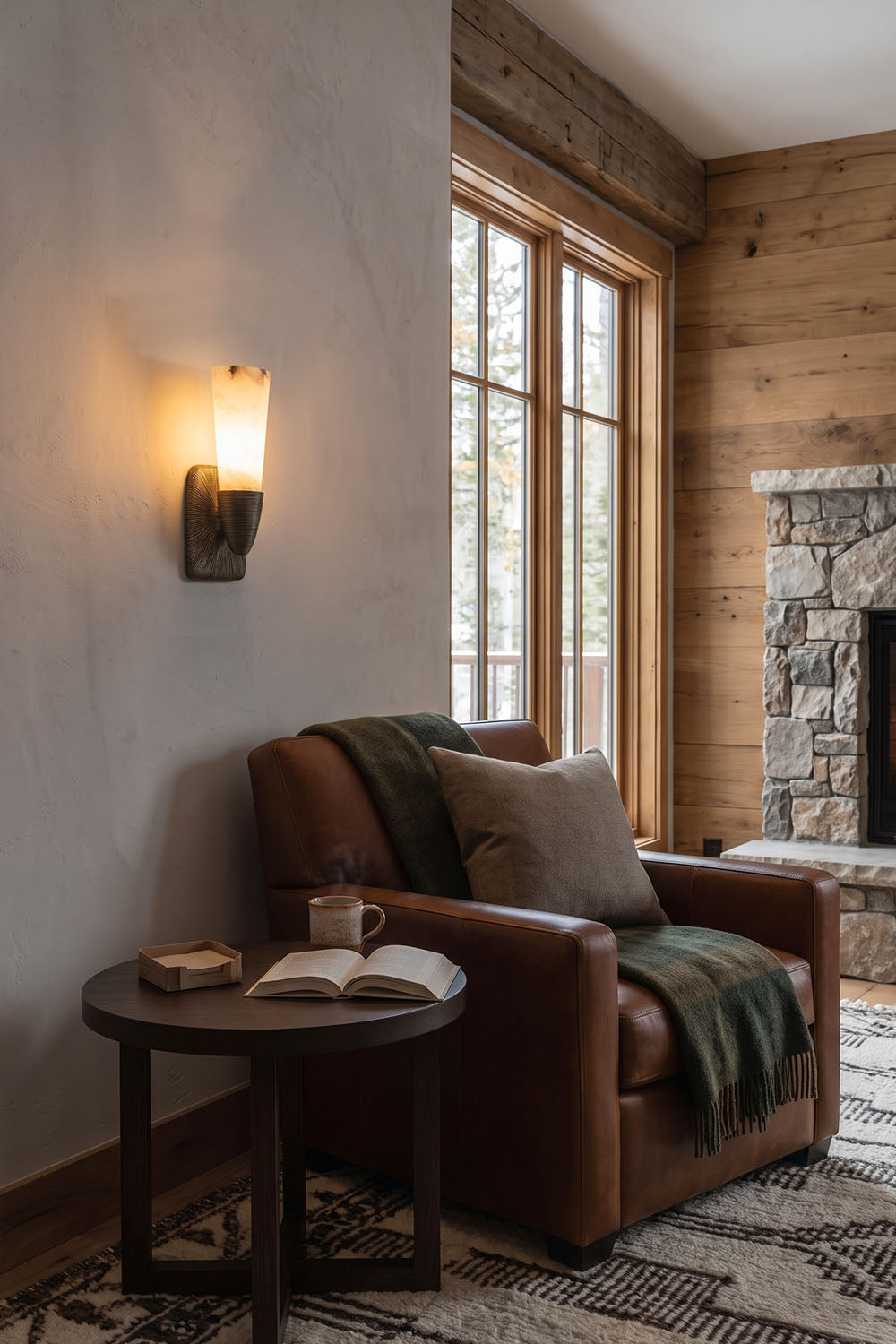 Torsanne Wall Sconce | Alabaster and Bronze | Illuminating a leather armchair corner in cozy living room | Samu Lamp