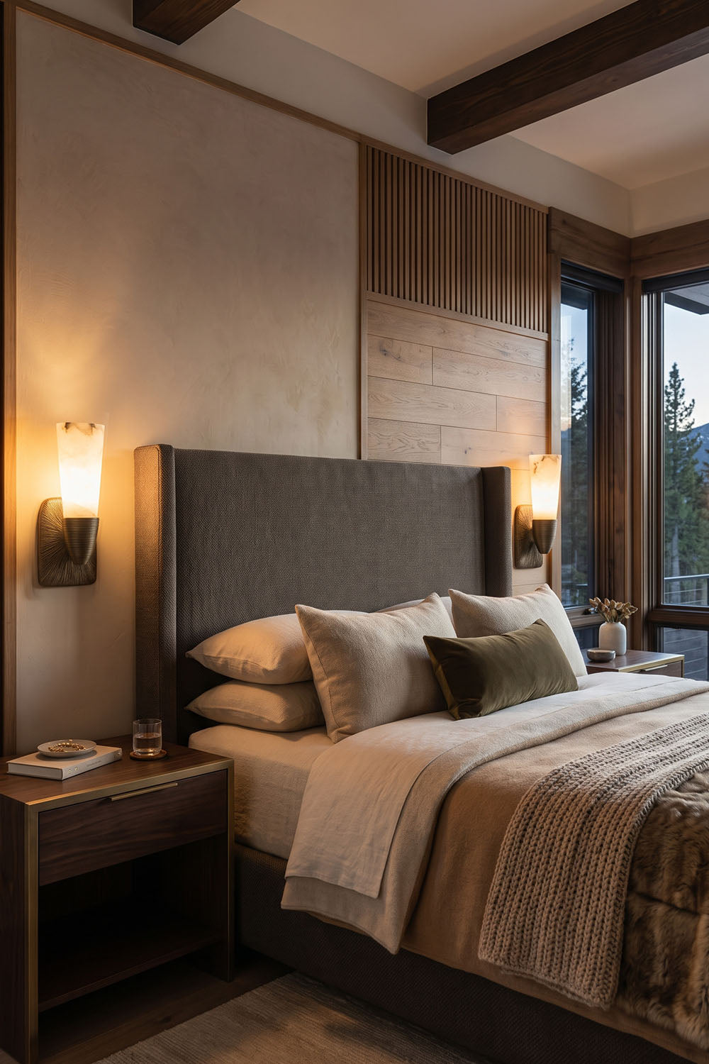 Torsanne Wall Sconce | Alabaster and Bronze | Mounted beside a cozy bed in a rustic wood-accent bedroom | Samu Lamp