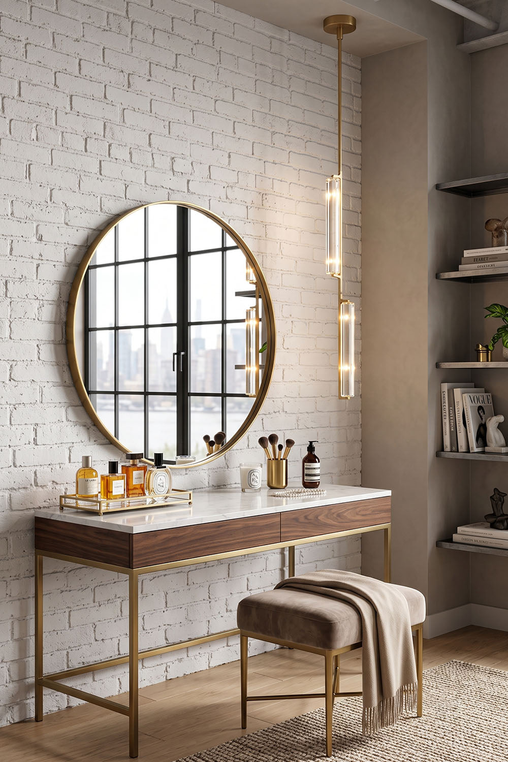 Stylish interior featuring Torvald Crystal Bar Drop Pendant Light above a modern vanity with round mirror and minimalist decor.