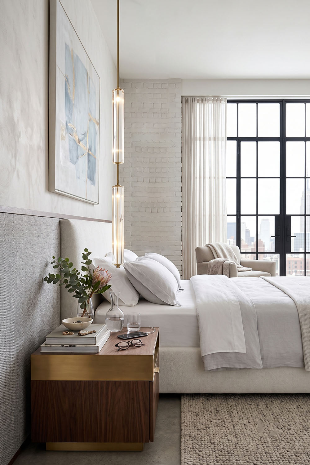 Torvald Crystal Bar Drop Pendant Light illuminating a stylish modern bedroom with elegant decor.