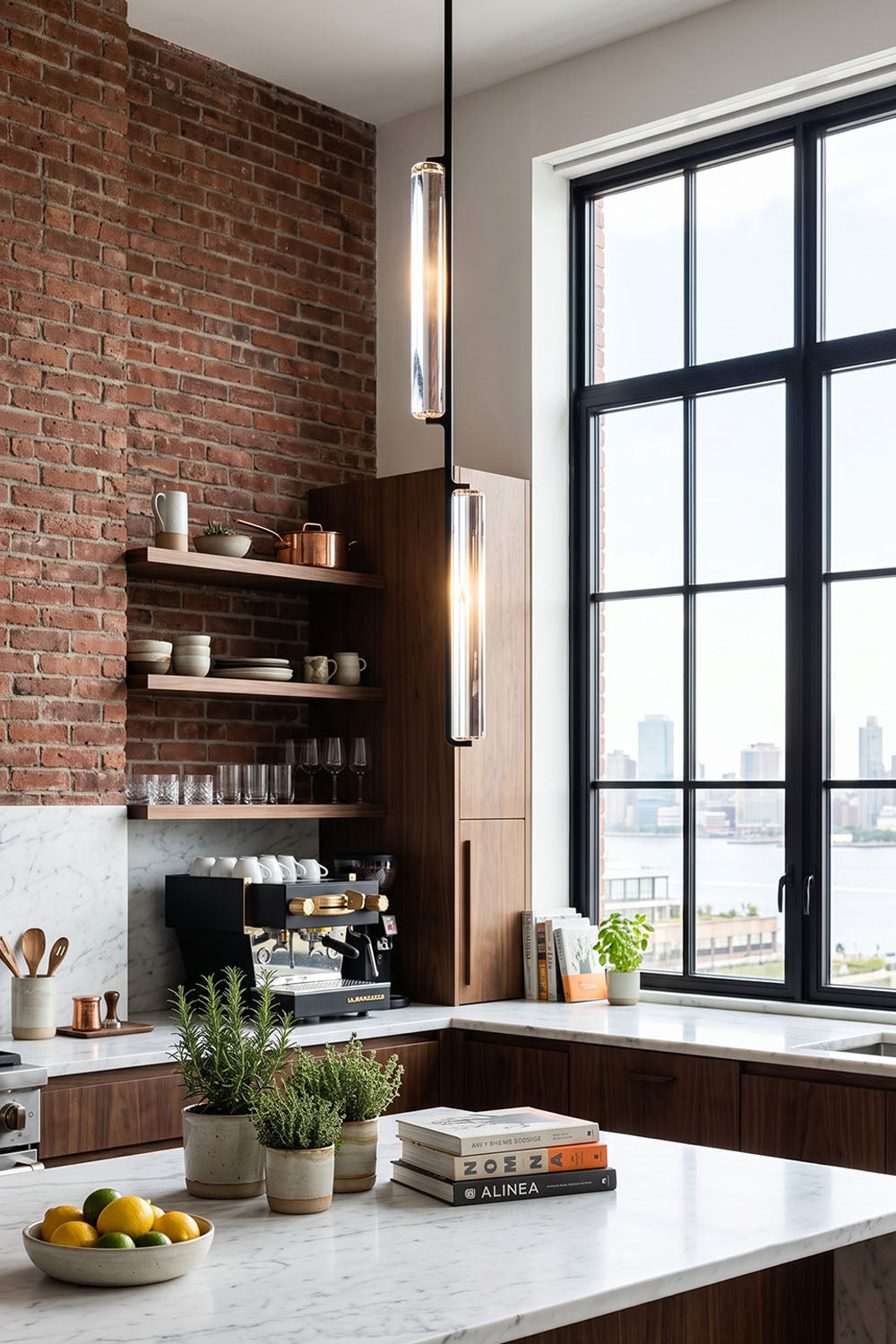 Torvald Crystal Bar Drop Pendant Light illuminating a modern kitchen with brick wall and large windows.