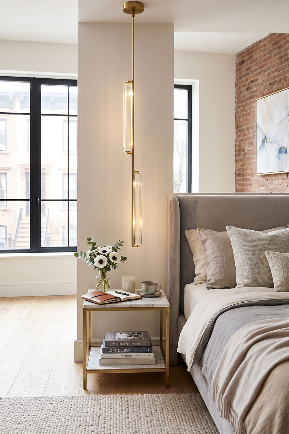 Torvald Crystal Bar Drop Pendant Light illuminating a stylish bedroom with a cozy bed and decorative nightstand.