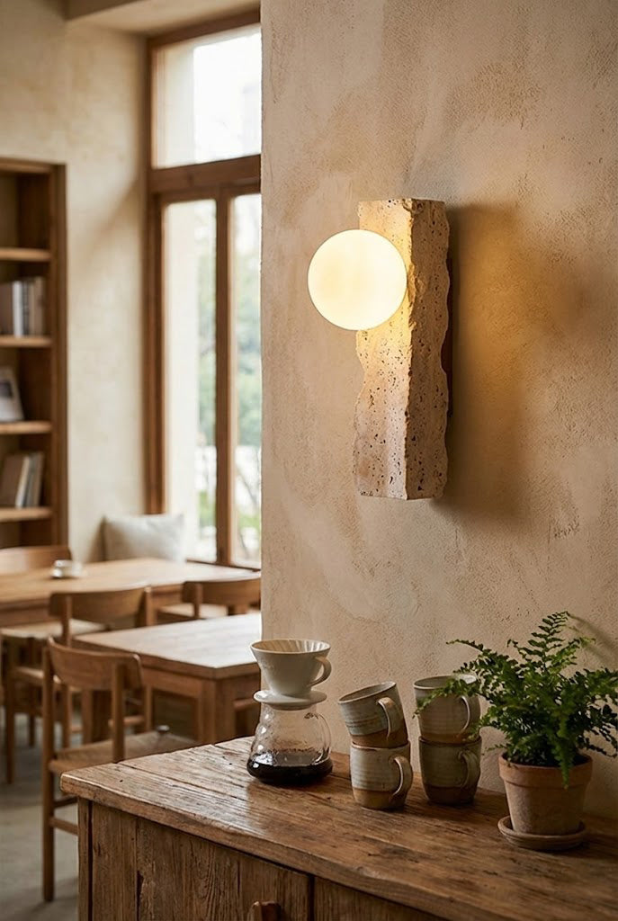Modern travertine wall light in rustic dining area | Yellow Travertine, Metal, Glass | Interior scene with wooden tables and green plants | Samu Lamp