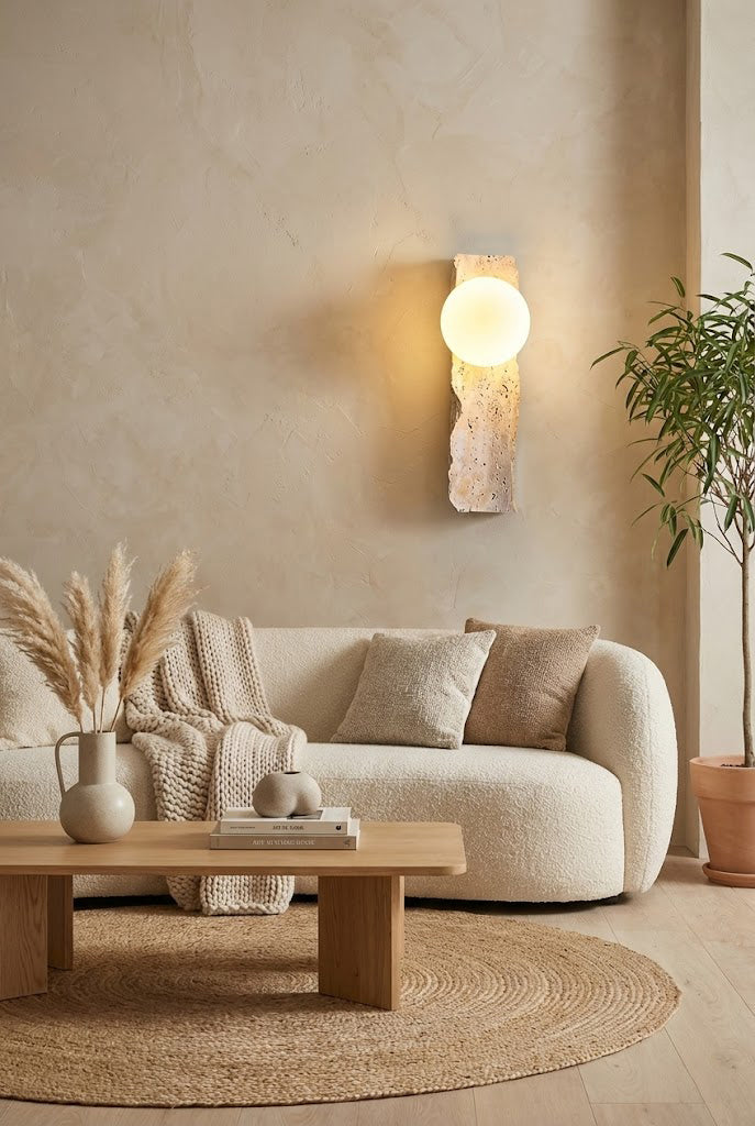 Travertine block sconce in a Wabi-Sabi living room | Yellow Travertine, Metal, Glass | Mounted above a curved white sofa and jute rug | Samu Lamp