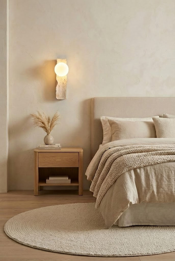 Bedside travertine wall light in a neutral bedroom | Yellow Travertine, Metal, Glass | Installed over a light wood nightstand and beige bedding | Samu Lamp