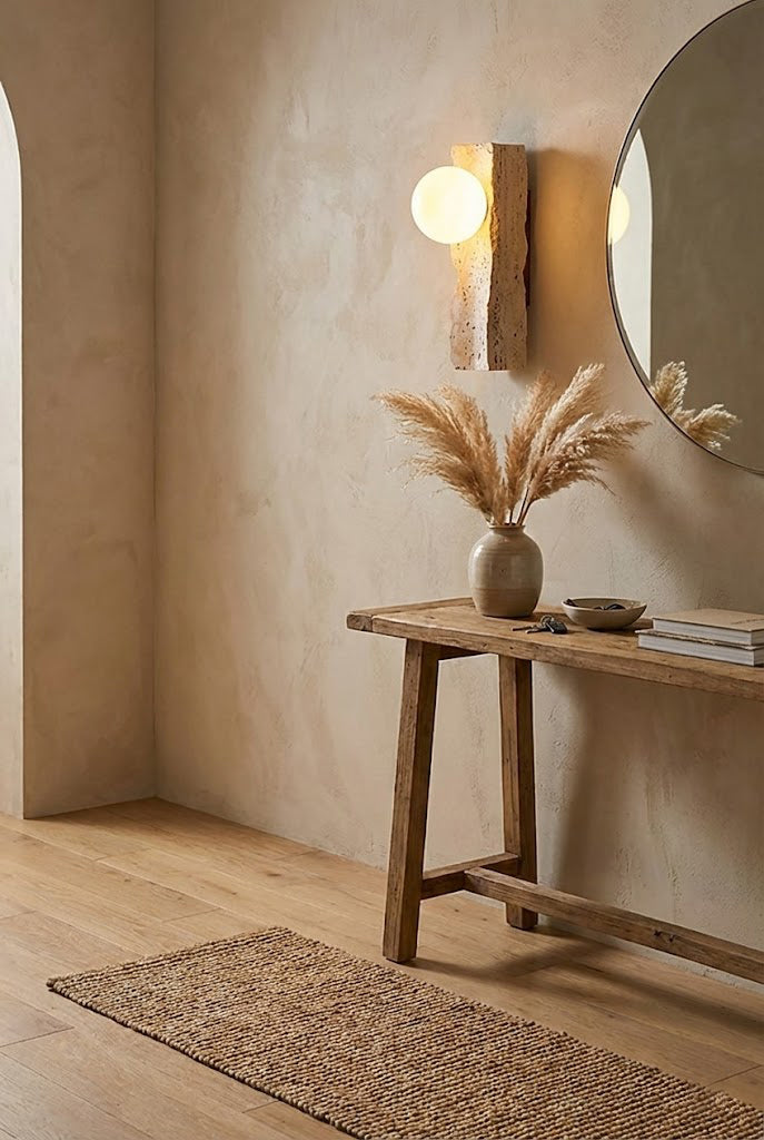 Travertine wall sconce in a hallway over console table | Yellow Travertine, Metal, Glass | Positioned next to a round mirror and dried flowers | Samu Lamp
