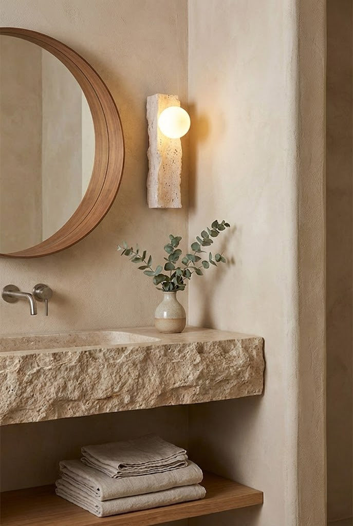 Stone block wall lamp in a modern bathroom | Yellow Travertine, Metal, Glass | Next to a travertine vanity and circular mirror | Samu Lamp