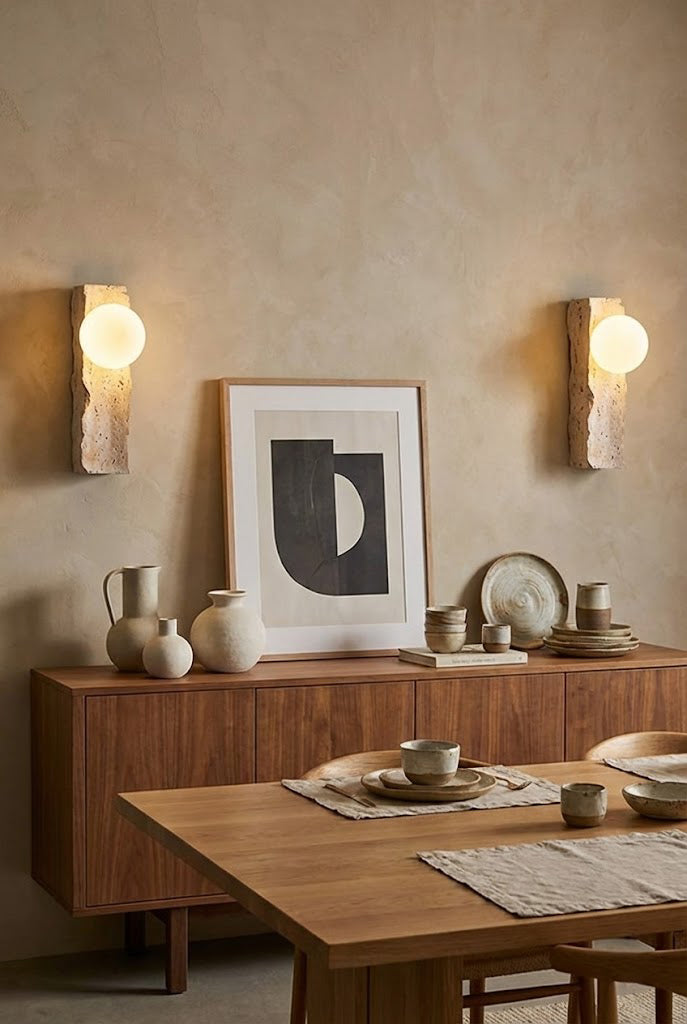 Pair of travertine wall lights in a dining room | Yellow Travertine, Metal, Glass | Flanking a wooden sideboard and dining set | Samu Lamp