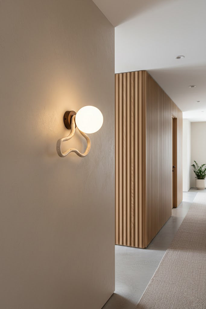 Travertine flow sconce providing warm light in a hallway | Travertine, Glass, Wood | Interior scene with minimalist wooden accents | Samu Lamp
