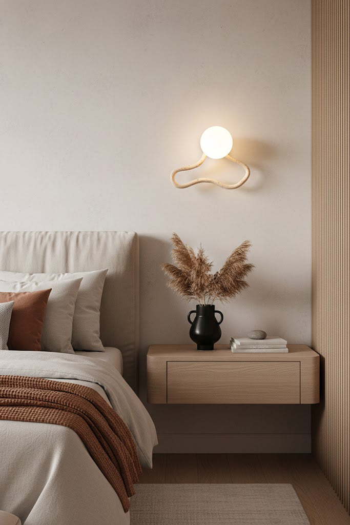 Flowing travertine wall sconce above a nightstand | Travertine, Glass, Wood | Bedroom scene with soft lighting and decor | Samu Lamp