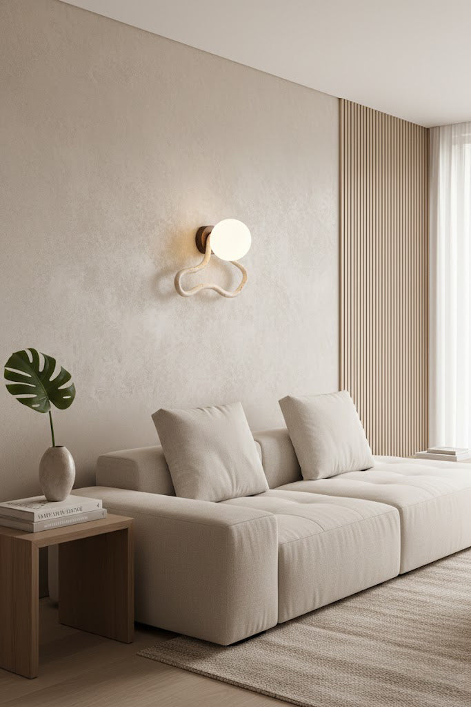 Travertine flow wall sconce in a contemporary living room | Travertine, Glass, Wood | Interior scene with a beige sofa and wooden table | Samu Lamp