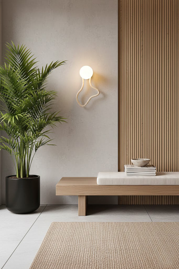Flow wall light with travertine and glass elements | Travertine, Glass, Wood | Zen interior with a tall plant and wooden bench | Samu Lamp