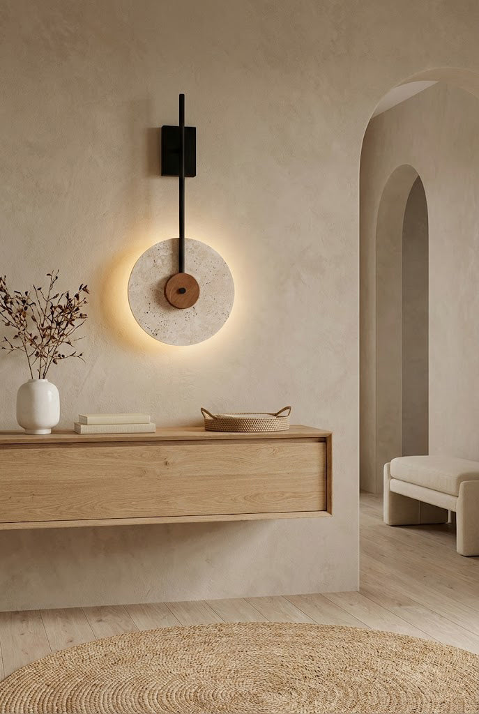 Vertical travertine wall lamp in a minimalist home | Travertine, Wood, Metal | Above a light wood console near an arched doorway | Samu Lamp