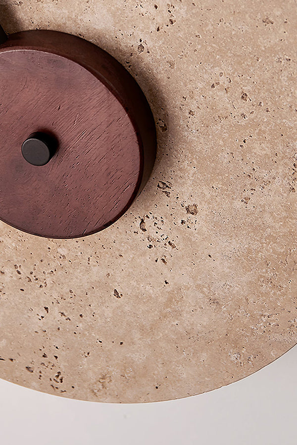 Close-up of travertine stone texture and wood center cap | Travertine, Wood | Showing organic pores and dark wood grain | Samu Lamp