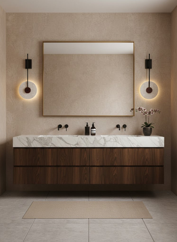 Pair of travertine halo wall lights flanking a bathroom mirror | Travertine, Wood, Metal | Modern vanity scene with marble counter and dark wood cabinets | Samu Lamp