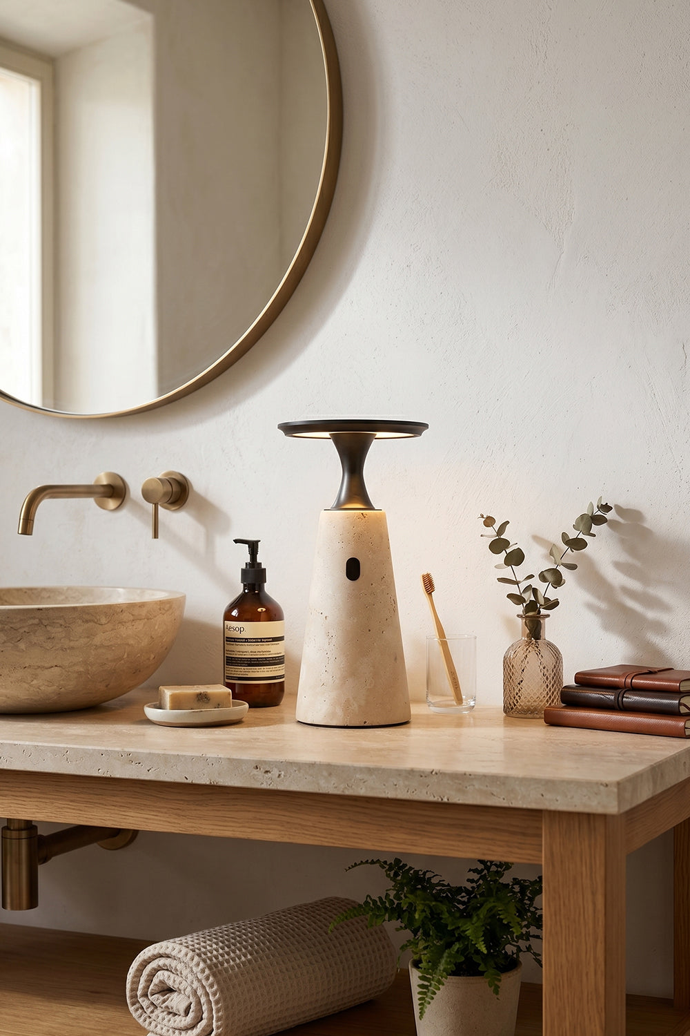 Travertine Obelisk Table Lamp | Metal, Travertine | Modern vanity lighting in bathroom interior | Samu Lamp