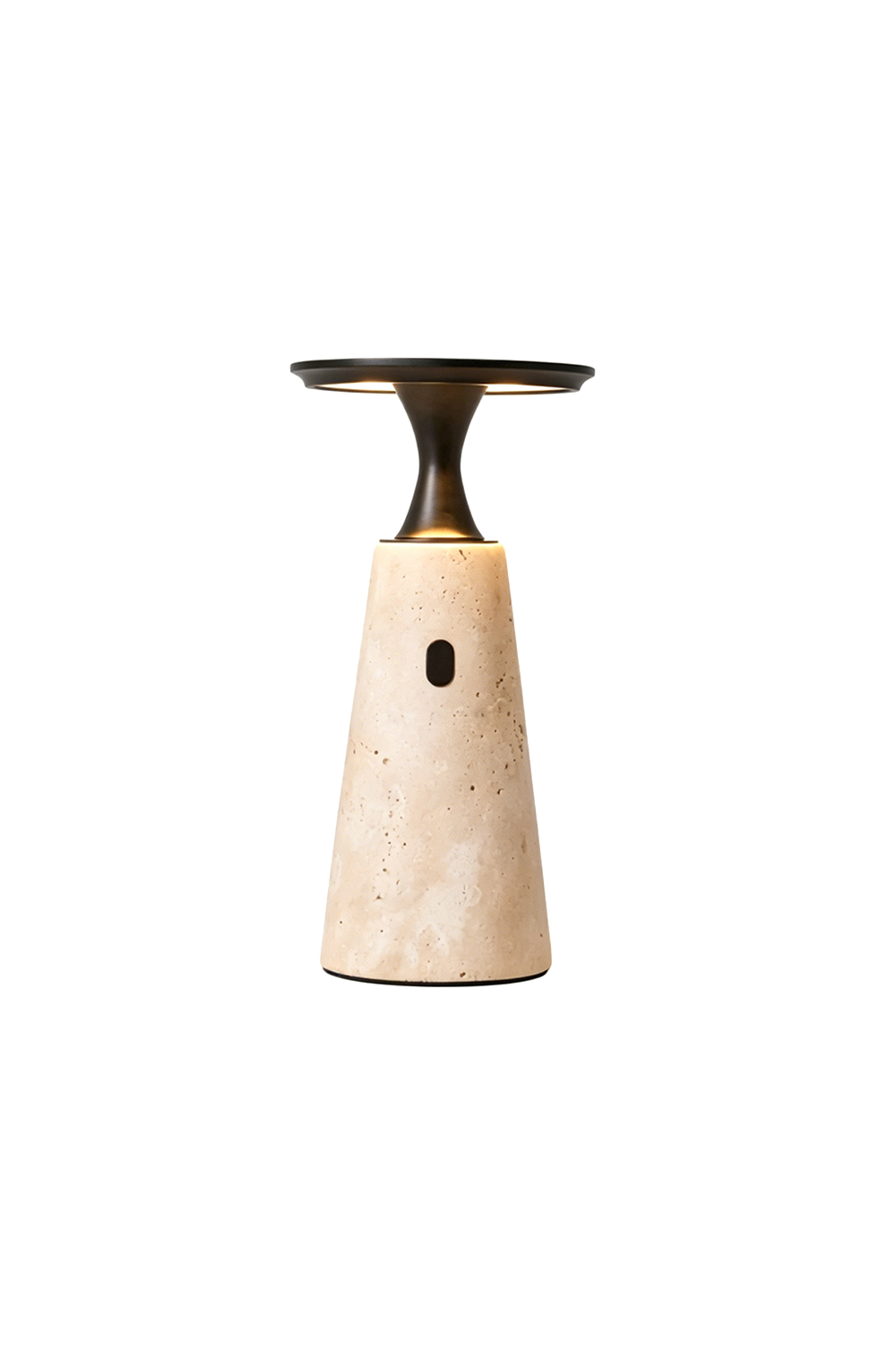 Travertine Obelisk Table Lamp | Metal, Travertine | Tapered stone base with black disc top | Lit isolated product shot | Samu Lamp
