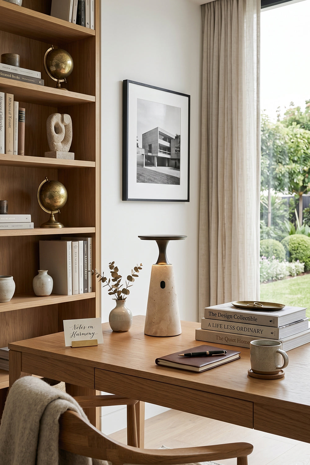 Travertine Obelisk Table Lamp | Metal, Travertine | Desk lighting for minimalist home office | Samu Lamp