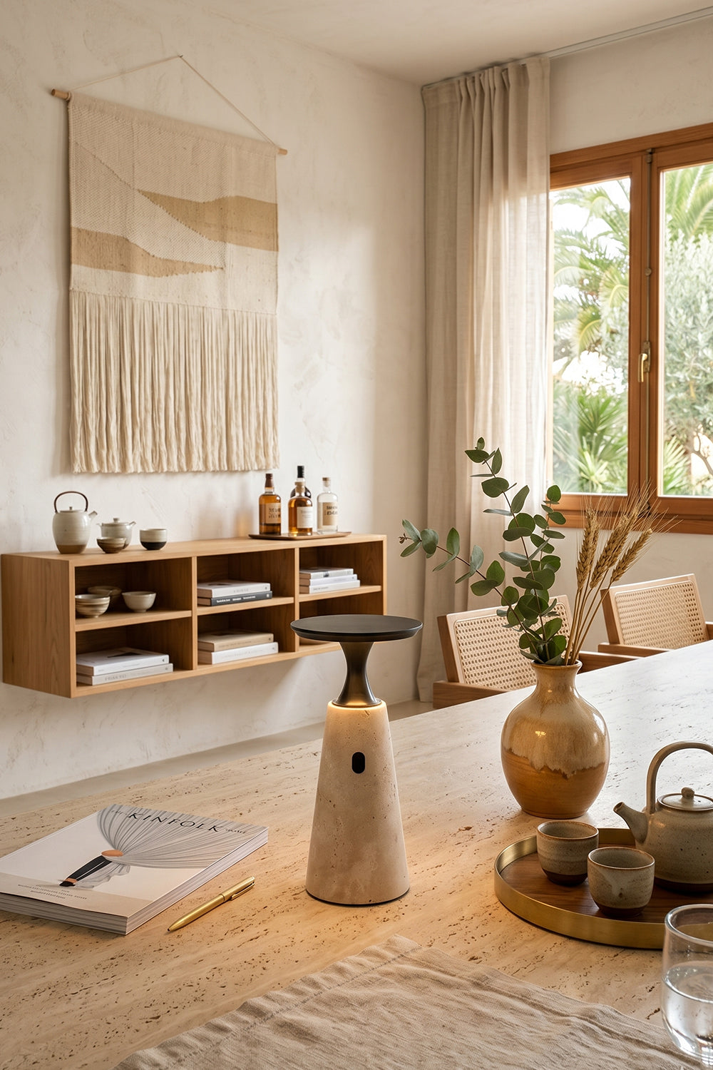 Travertine Obelisk Table Lamp | Metal, Travertine | Accent lighting on wooden dining table | Samu Lamp