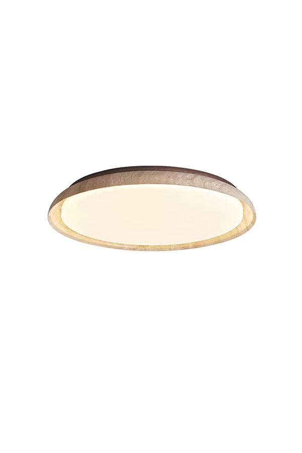 Lit round travertine flush mount ceiling light | Wood, Travertine, Acrylic | Front perspective isolated on white background | Samu Lamp