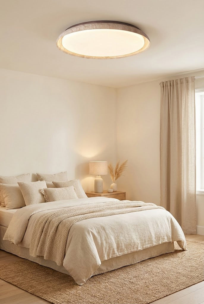Modern travertine flush mount light in a cozy bedroom | Wood, Travertine, Acrylic | Installed over a neutral-toned bed with warm lighting | Samu Lamp