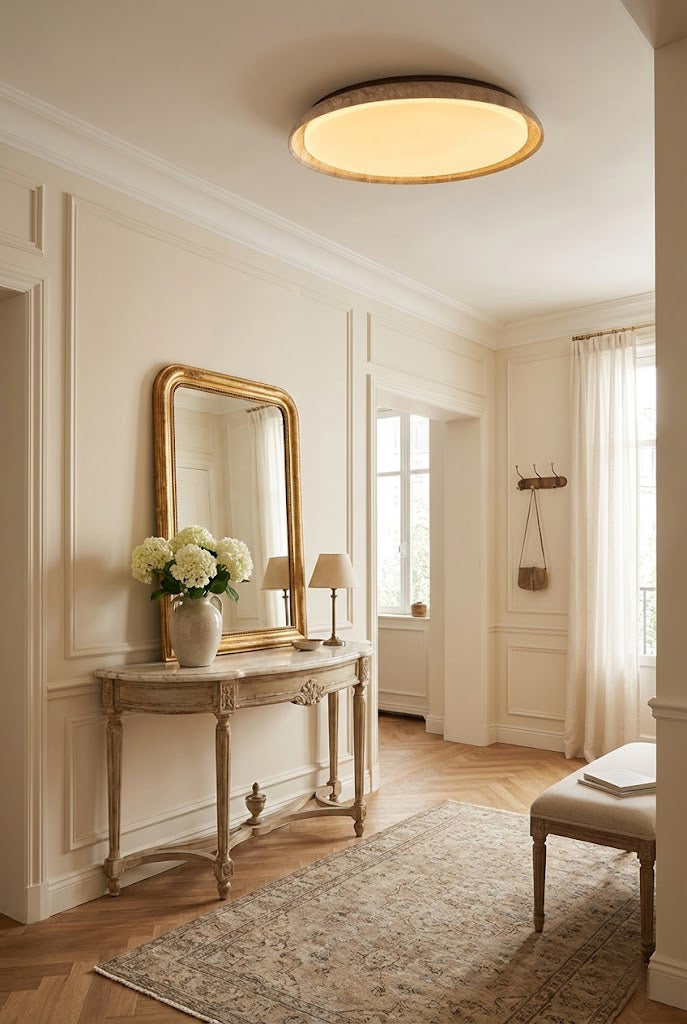 Round travertine ceiling light in a classic entryway | Wood, Travertine, Acrylic | Mounted above a vintage console table and mirror | Samu Lamp