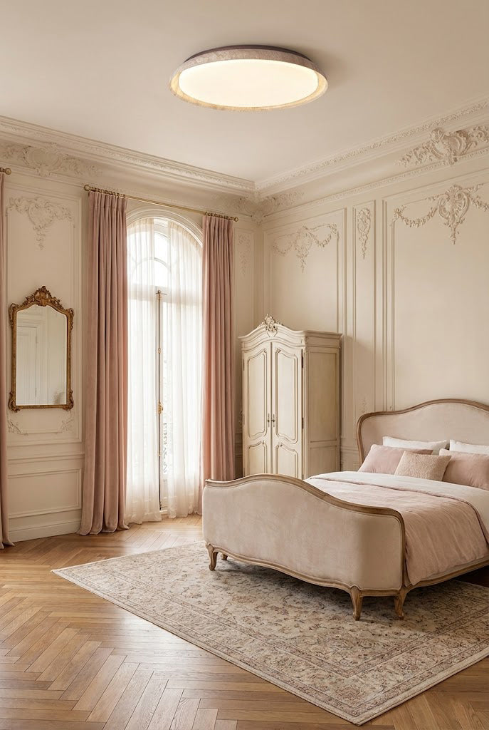 Travertine flush mount lamp in an elegant French-style bedroom | Wood, Travertine, Acrylic | Interior scene with ornate wall moldings | Samu Lamp
