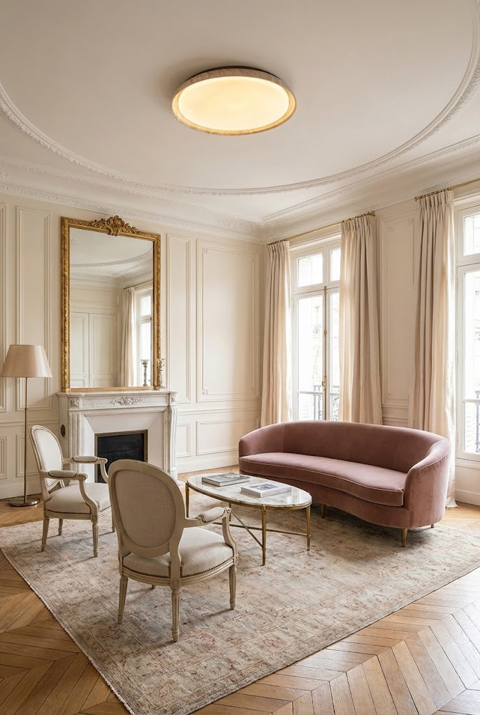Minimalist travertine light in a grand traditional living room | Wood, Travertine, Acrylic | High-ceiling interior with fireplace and velvet sofa | Samu Lamp
