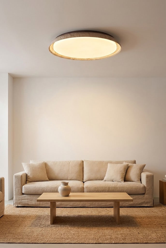 Round travertine ceiling fixture in a bright living room | Wood, Travertine, Acrylic | Centered over a modern sofa and jute rug | Samu Lamp