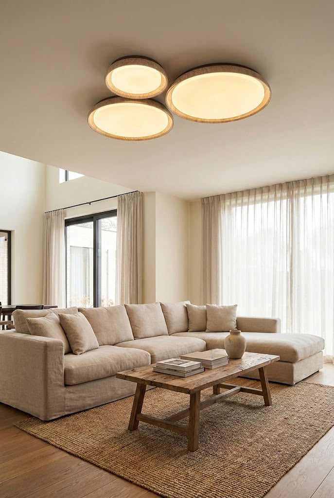 Cluster of three round travertine flush mount lights | Wood, Travertine, Acrylic | Decorative arrangement in a spacious modern lounge | Samu Lamp