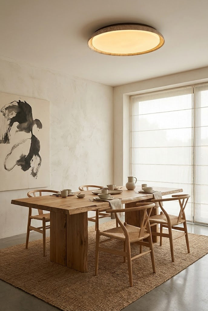 Round travertine light fixture over a wooden dining set | Wood, Travertine, Acrylic | Interior scene with large windows and natural light | Samu Lamp