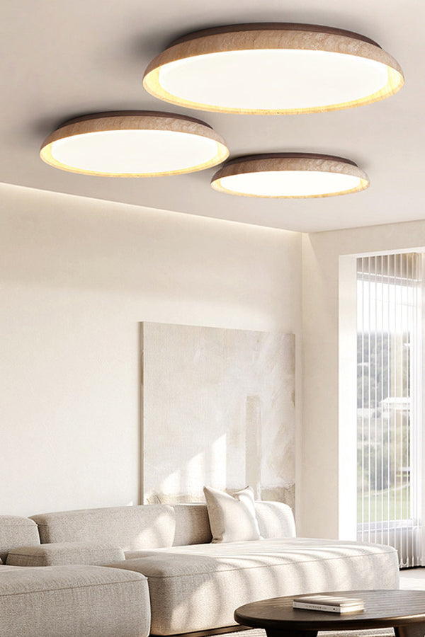 Detailed view of clustered travertine ceiling lights | Wood, Travertine, Acrylic | Close-up showing different sizes in a bright interior | Samu Lamp